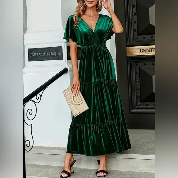 Dresses | Green Velvet Ruffle Hem Maxi Dress Size M | Poshmark Dresses | Green Velvet Ruffle Hem Maxi Dress Size M | Poshmark